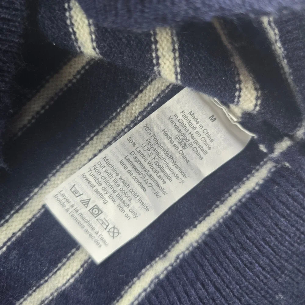 J. Crew Factory Mens Striped Wool Blend Sweater Crew Neck Navy Blue White Medium